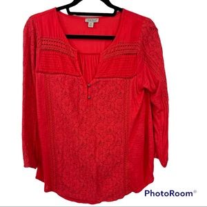 🥑5/$25 Lucky Brand red 3/4 sleeve lace crochet detail boho top sz M